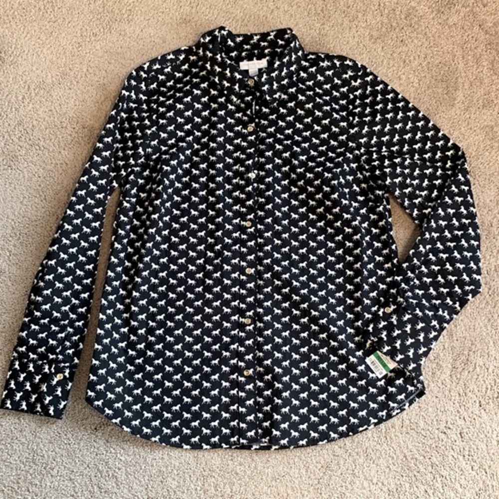 NWT Navy Horse Print Button Down Shirt by Charter Club Womens Sz Large Petite